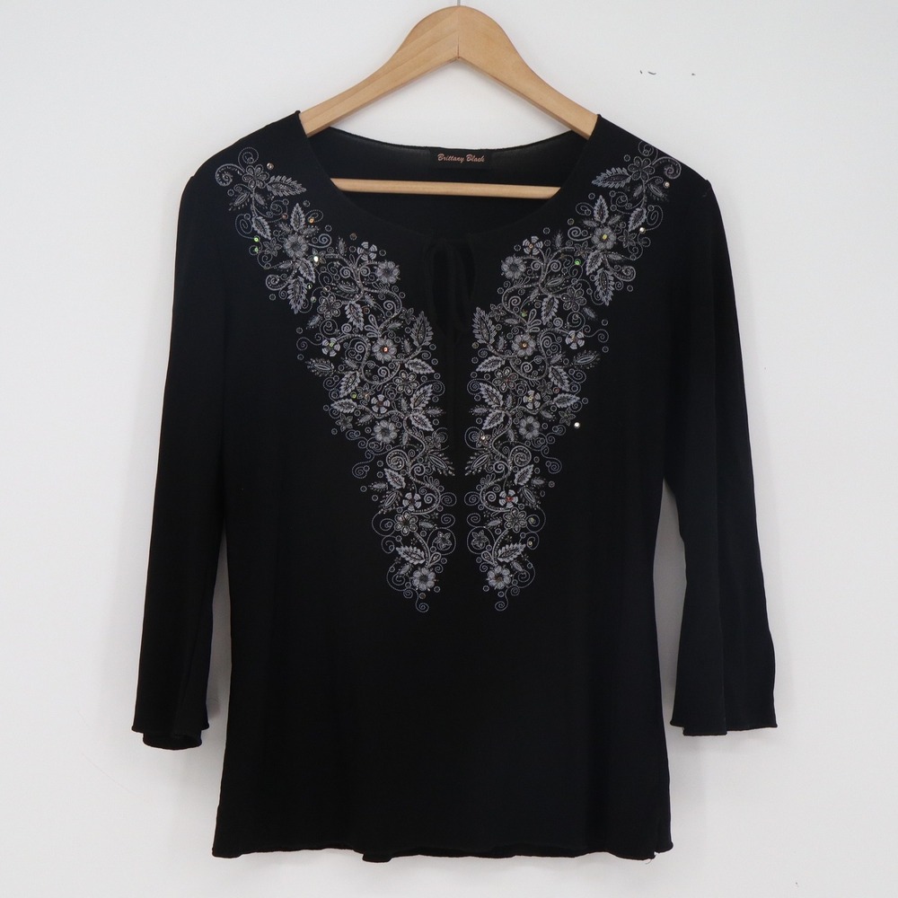 Brittany Black Top Womens S Black Floral Embroidered Rhinestone 3/4 Sleeve